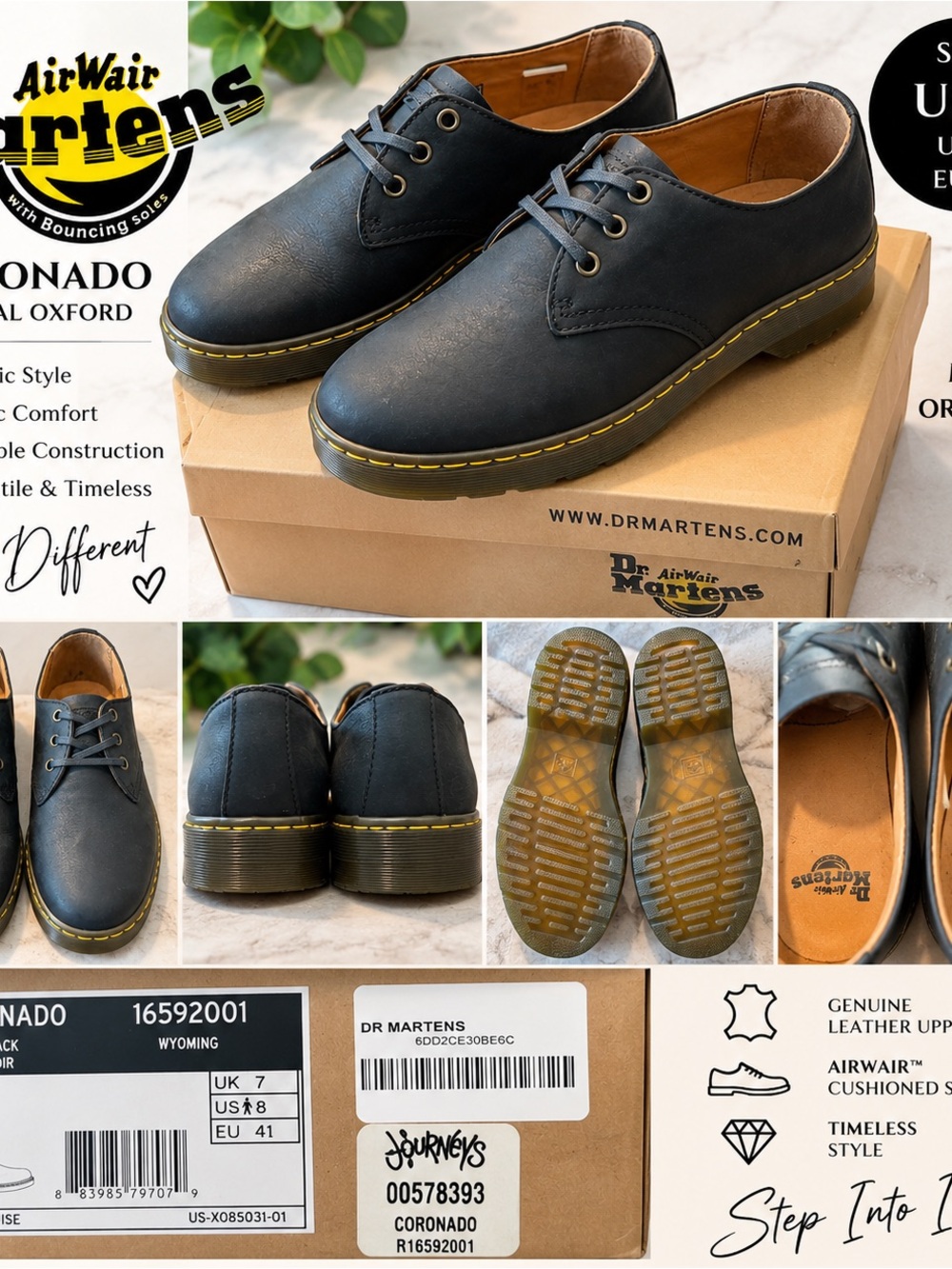Dr. Martens Black Leather Coronado Oxford with Yellow Stitching